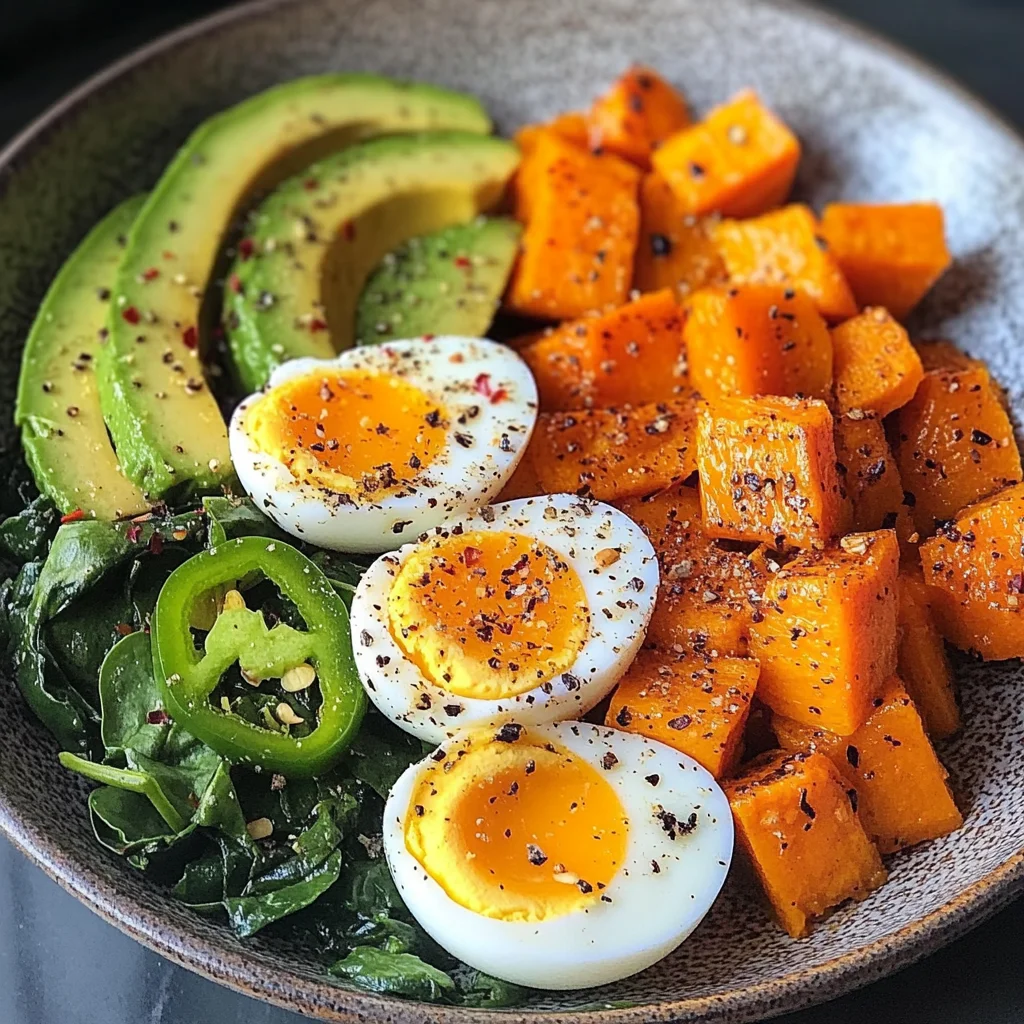 Avocado Power Plate with Jammy Eggs, Spinach & Sweet Potatoes