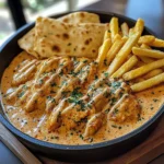 Creamy Butter Chicken with Garlic Drizzle, Golden Fries & Warm Naan