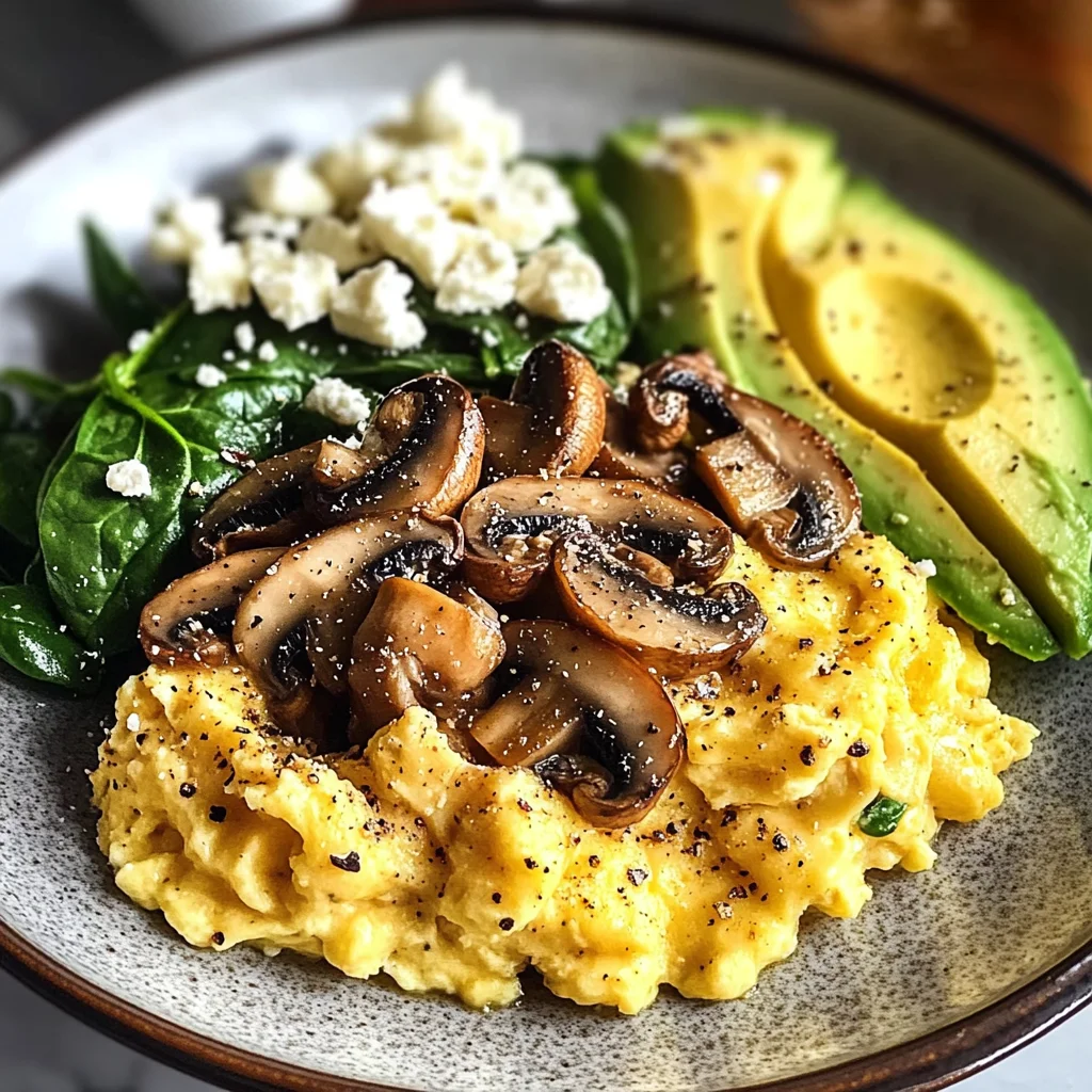 Creamy Scrambled Eggs with Sautéed Mushrooms, Spinach & Avocado